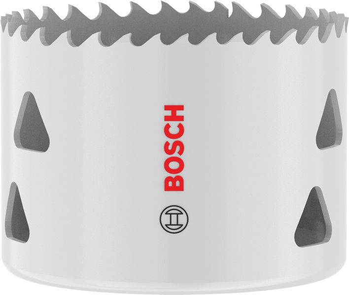 Ein Metalloch mit gezacktem Rand und "Bosch"-Logo in Rot. Wird zum Schneiden von Löchern in verschiedenen Materialien wie Holz oder Metall verwendet.