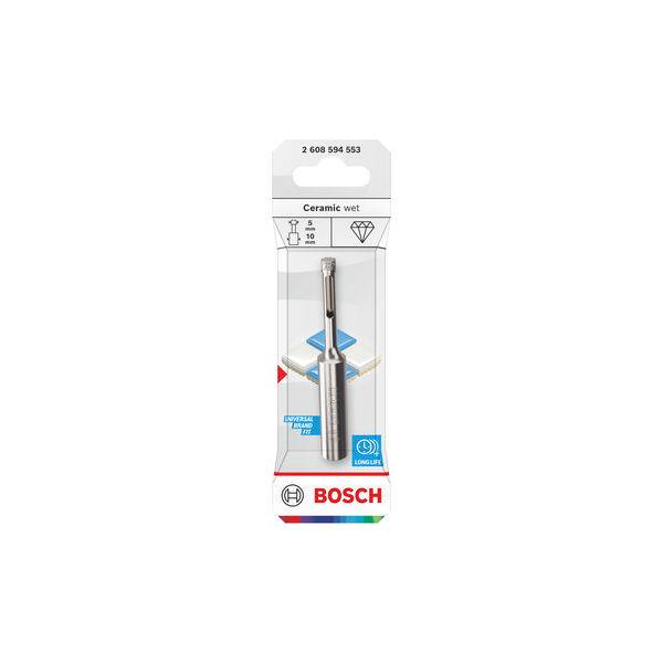 Bosch-Verpackung für einen keramischen Nassbohreraufsatz mit Abbildung des Bohreraufsatzes, Produktnummer „2 608 594 553" und Verwendungssymbolen.