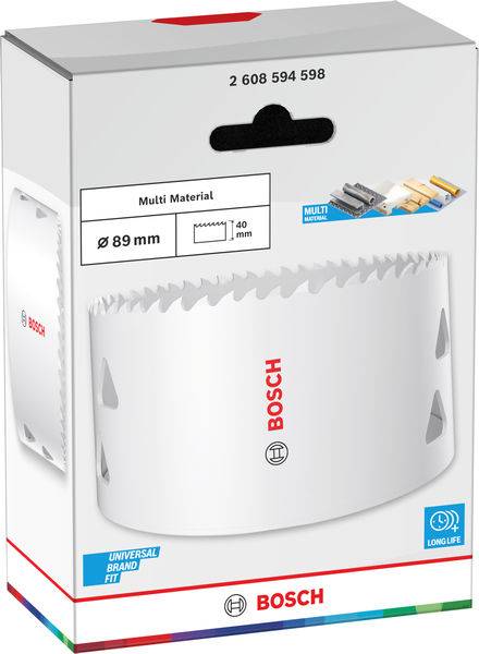 'Bosch 89mm Mehrstoff-Lochsäge in Verpackung, mit Text „Universal Brand Fit" und „Long Life", mit einem Bild der Klingen.'