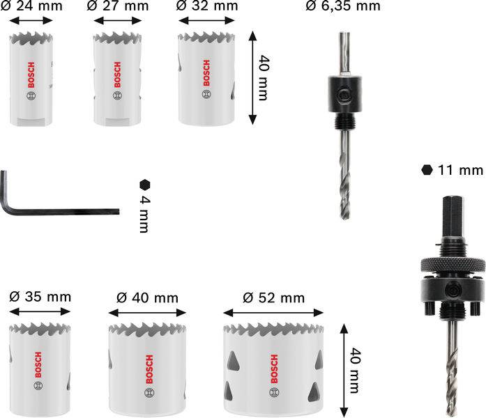 „Bosch-Lochsägen-Set mit Sägen in verschiedenen Größen (24–52 mm), einem Innensechskantschlüssel und Bohraufsätzen für präzises Schneiden und Montage."