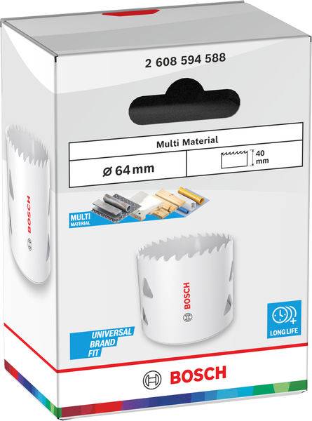 Bosch Mehrzweck-Lochsäge, 64 mm Durchmesser, verpackt in einer Markenbox mit Betonung auf „Universal Brand Fit" und „Long Life".