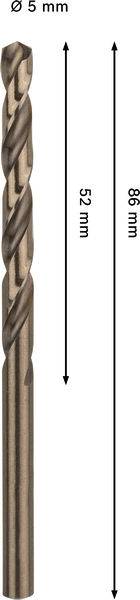 Ein Metallbohrmeißel mit einem Durchmesser von 5 mm. Die Längen mit Angaben von 52 mm und 86 mm geben Abschnitte des Bohrers an.