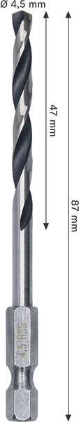 Ein Spiralbohrer mit einem Durchmesser von 4,5 mm, mit 47 mm langen Spiralnuten und einer Gesamtlänge von 87 mm.
