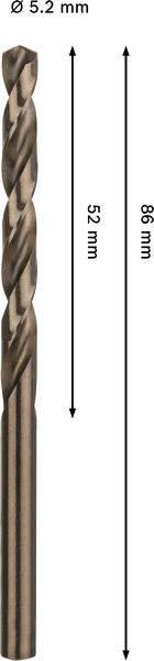 Ein Metallbohrer mit einer Länge von 86 mm und einem Durchmesser von 5,2 mm, ausgestattet mit einem spiralförmigen Design für Bohrarbeiten.