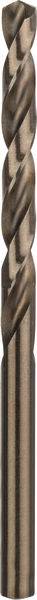 Ein Nahaufnahmebild eines Metallbohrers mit verdrehten Rillen, das zum Bohren oder Bearbeiten verwendet wird und das spiralförmige Design des Werkzeugs zeigt.