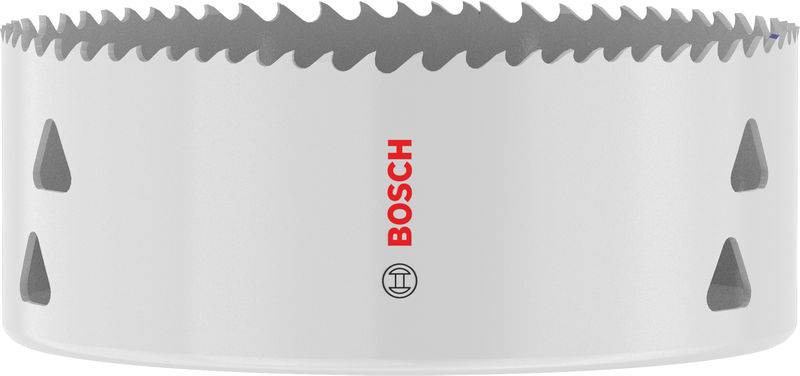 Weiße Bosch-Lochsäge mit scharfen, gleichmäßig verteilten Zähnen und Markenlogo in Rot. Wird zum Schneiden von sauberen, runden Löchern in Materialien verwendet.