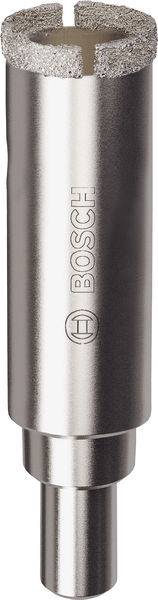 Kernbohrmeißel mit Metallfinish und Schrifttext "BOSCH"; wird zum Bohren präziser Löcher in harten Materialien wie Fliesen und Stein verwendet.
