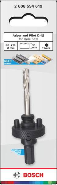 "Dorn und Pilotbohrer für Lochsäge" Verpackung mit gezeigtem Bohrer. Kompatibel für Durchmesser 32-210 mm. Bosch-Branding sichtbar.