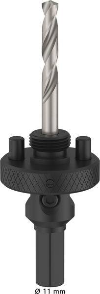 Ein Bohraufsatz und dessen Halter mit gerilltem Griffbereich, gekennzeichnet mit „Ø 11 mm", vor einem einfachen Hintergrund.