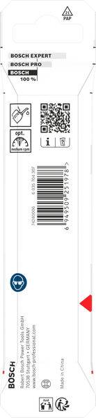 Verpackung für ein Bosch Expert Produkt mit Barcodes, QR-Code und Sicherheitssymbolen. Enthält den Text „Made in China".