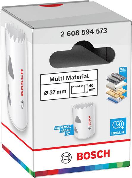 Ein Bosch-Lochsäge-Set für mehrere Materialien mit einem Durchmesser von 37 mm und einer Schnitttiefe von 40 mm. Geeignet für universelle Anwendung.