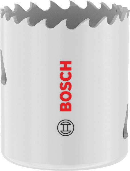Eine Metalloch-Säge mit gezackten Zähnen, mit der Aufschrift „BOSCH" in Rot.