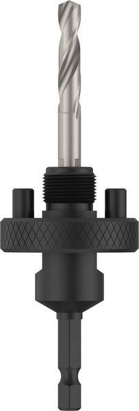Ein schwarzer Bohrmeißel mit gewindelter Basis und eine Metallschneidespitze, der für präzises Bohren in verschiedenen Materialien ausgelegt ist.