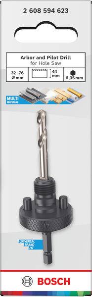 Dorn und Pilotbohrer für Lochsäge, 32–76 mm Durchmesser, 44 mm Tiefe, 6,35 mm Schaft. Geeignet für mehrere Konstruktionsmaterialien.