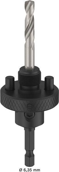 Ein Bohrfutter mit angebrachtem Wendelbohrer, beschriftet mit „Ø 6,35 mm".
