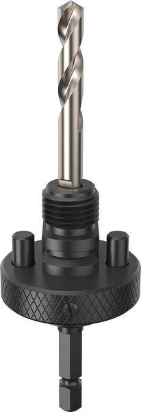 Ein Bohrbitadapter mit angebrachtem Spiralbohrer, der zum Verbinden und Sichern verschiedener Bohrbits für motorisierte Bohraufgaben verwendet wird.