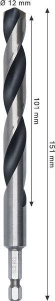 Ein Metallbohrmeißel mit einem Durchmesser von 12 mm wird gezeigt. Er hat eine Spirallänge von 101 mm und eine Gesamtlänge von 151 mm mit sechskantigem Schaft.