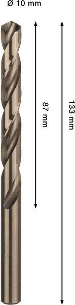 Das Bild zeigt einen Metallbohrer mit einem Durchmesser von 10 mm, einer Länge von 135 mm und einer Schnittlänge von 87 mm, die durch Pfeile gekennzeichnet ist.