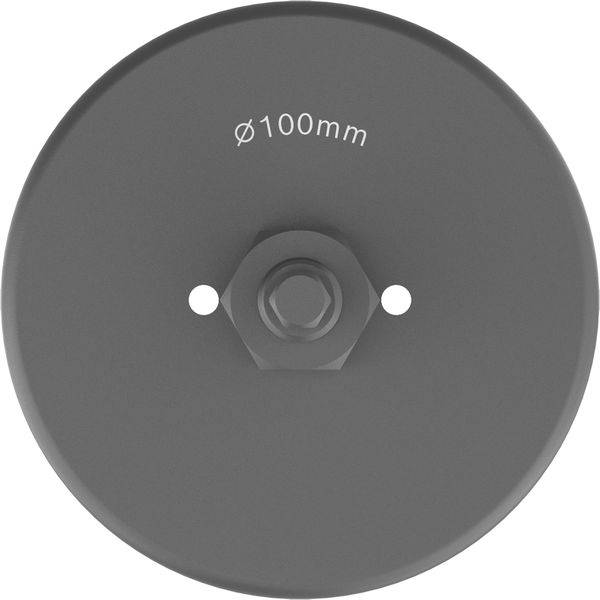 'Runde Metallscheibe mit zentraler Schraube und zwei Löchern, gekennzeichnet mit „Ø100mm".'