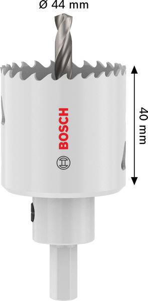 Ein weißer Bosch-Lochsägen-Bohrer, 44 mm Durchmesser und 40 mm Schnitttiefe, mit einem zentralen Spiralbohrer für Pilotlöcher.