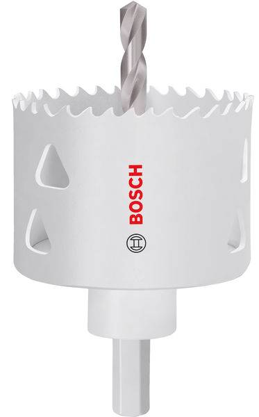 Ein weißes Bosch-Lochsägen-Aufsatzstück mit einem Bohrer in der Mitte. Es hat eine gezackte Kante und dreieckige Seitenöffnungen für Schneidaufgaben.
