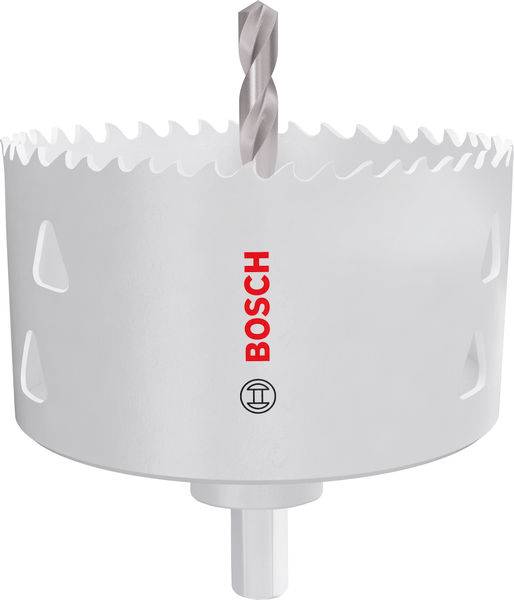 Eine Metalllochsäge mit scharfen Zähnen und einem zentralen Bohrerbit. Die Marke "Bosch" ist auf der Seite aufgedruckt. Wird zum Schneiden von kreisrunden Löchern in Materialien verwendet.