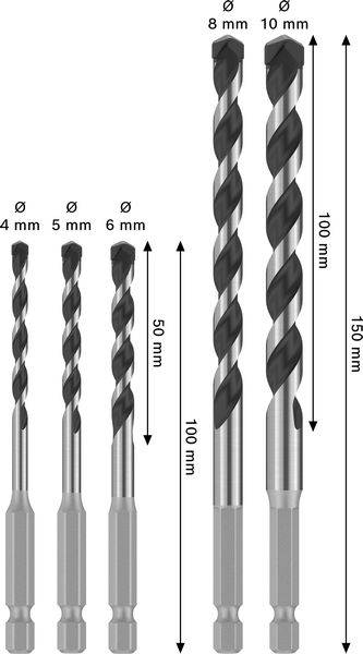 Fünf Bohrer in zunehmender Größe gezeigt; Durchmesser sind 4mm, 5mm, 6mm, 8mm, 10mm; Längen sind 50mm, 100mm, 150mm.
