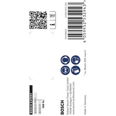 Bosch-Werkzeugverpackung mit Barcode, QR-Code, Kontaktinformationen und Symbolen, die einen Hammer, eine Bohrmaschine und die Kompatibilität mit SDS max-4-Werkzeugen darstellen.