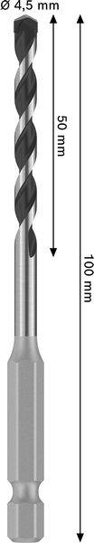 Ein 4,5 mm Bohrer mit einer Gesamtlänge von 100 mm, mit einer Arbeitslänge von 150 mm, vertikal angezeigt mit Größenangaben.