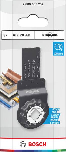Bosch Starlock AIZ 20 AB Sägeblatt in Verpackung, gekennzeichnet mit „5x" für Multimaterial-Schneiden, kompatibel mit Bosch, Fein, Festool, Makita, Würth und anderen.