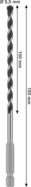 Ein Bohrer mit einem Durchmesser von 5,5 mm, einer Gesamtlänge von 150 mm und einer Arbeitslänge von 100 mm.