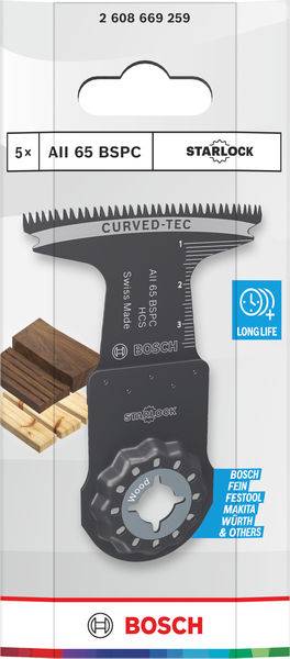 „Bosch AII 65 BSPC" Sägeblatt für Holz und Metall mit „Curved-Tec" Konstruktion. Starlock-kompatibel, gezeigt mit Holzschnittbeispiel.