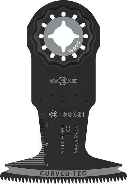 Oszillierende Multi-Tool-Klinge mit der Bezeichnung "Starlock" und "Wood", konzipiert zum Schneiden von Holz. Enthält Linealmessungen für Präzision.