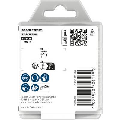 Verpackung mit Bosch-Marke und Recyclinginformationen. Sicherheitssymbole: Schutzausrüstung tragen, kein Regen. Kontaktinformationen: Bosch, Stuttgart, Deutschland. Hergestellt in der Schweiz.