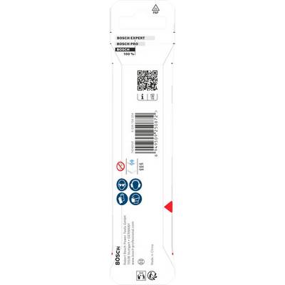 „Bosch Expert" Verpackung mit QR-Code, Barcode, Recycling-Symbol und „Made in China"-Text. Enthält Entfernungs-, Warn- und Verwendungssymbole.