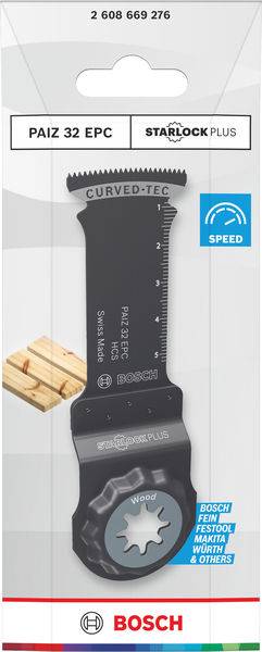 Bosch Starlock Plus PAIZ 32 EPC Sägeblattverpackung, mit „Curved-Tec"-Design, geeignet zum Holzschneiden.