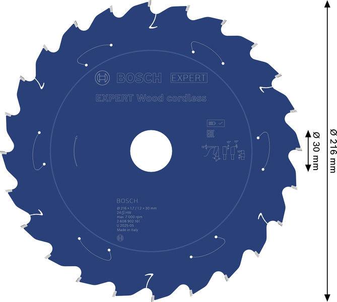 Bosch Expert Holz-Kreissägeblatt, Durchmesser 216 mm, Bohrung 30 mm. Blaues Sägeblatt mit Zähnen und technischen Spezifikationen aufgedruckt.