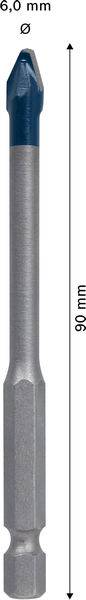 'Bohrer, 90 mm Länge, 6,0 mm Durchmesser, silberfarben mit blauer Spitze.'