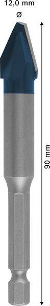 Ein kegelförmiger Bohrer mit sechskantiger Schaft, oben mit „12,0 mm" beschriftet, ist nach einem daneben angeordneten vertikalen Pfeil 90 mm lang.
