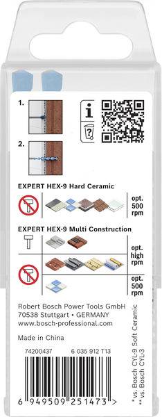 „Die Verpackung von Bosch-Bohrern zeigt zwei Typen: Hex-9 Hartkeramik und Multikonstruktion, mit empfohlenen Verwendungsbeispielen und Drehzahldetails."