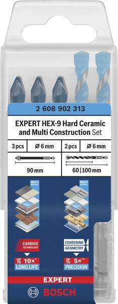 Bosch Expert HEX-9 Bohrersatz für harte Keramik und Mehrschichtkonstruktion, mit 6mm und 8mm Bits und Titanbeschichtung für Langlebigkeit.