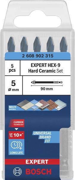 „Bosch Expert HEX-9 Hartkeramik-Set, 5-teilig, 5 mm, 90 mm." Die Verpackung zeigt Keramikbohrer mit einem Diagramm geeigneter Materialien.