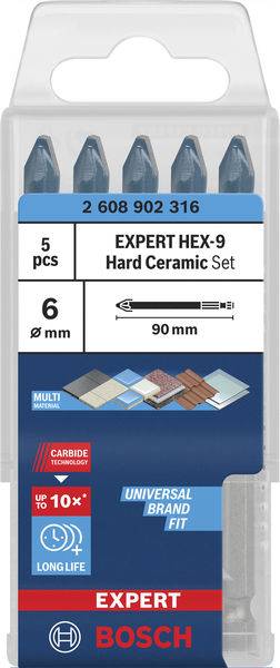 Bosch Expert Hex-9 Hartkeramik-Set, 5 Bohrer, 6 mm, 90 mm Länge. Geeignet für Fliesen, Hartmetall-Technologie, lange Lebensdauer.