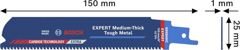 „Sägeblatt zum Metallschneiden, 150 mm lang, 25 mm breit. Gekennzeichnet mit „Bosch Expert Medium-Thick Tough Metal"."