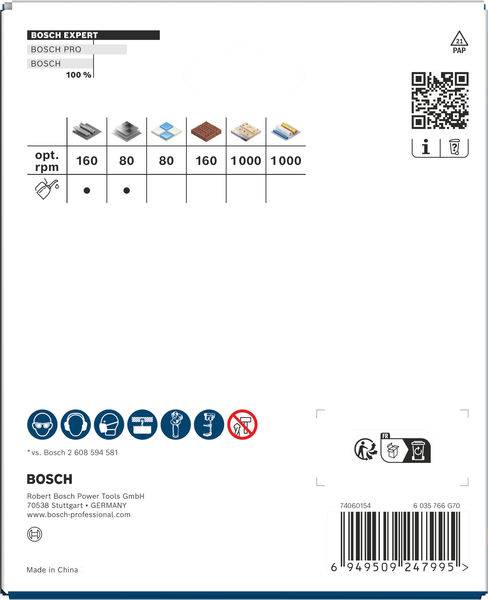 „Bosch Expert"-Etikett mit Abbildungen kompatibler Materialien für die Werkzeugnutzung. Zeigt optimale Drehzahlen an: 160, 80, 1600, 1000, 1000. Enthält QR-Code. Hergestellt in China.