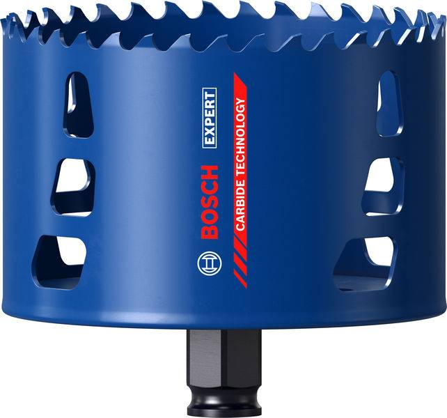 'Bosch Expert Hartmetall-Technologie Lochsäge mit blauem Gehäuse und scharfen Zähnen zum Schneiden, mit Marken- und Technologie-Etiketten auf der Seite.'