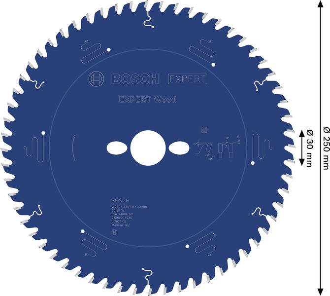 Eine Kreissägeblatt mit blauer Beschichtung, mit der Bezeichnung „Bosch Expert", 250mm Durchmesser, 30mm Bohrung, konstruiert zum Schneiden von Holz.
