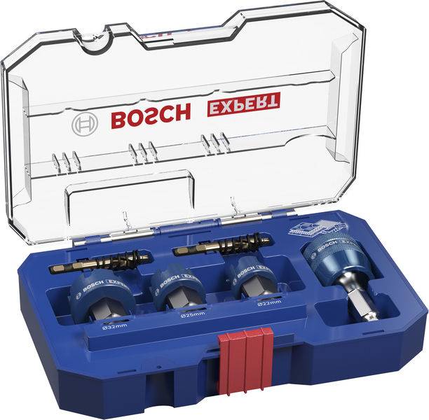 „Bosch Expert" Lochsägen-Set in einem blauen Kunststoffkasten mit transparentem Deckel, mit mehreren Sägengrößen ordnungsgemäß angeordnet im Inneren.