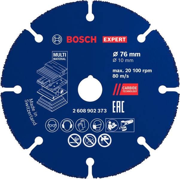 „Bosch Expert" Kreissägeblatt für Mehrschichtmaterialien, 76 mm Durchmesser, 10 mm Bohrung. Maximale Drehzahl: 20.100 U/min, 80 m/s. Hergestellt in der Schweiz.