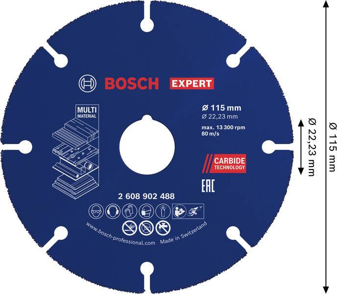 „Bosch Expert" Kreissägeblatt für Mehrschichtmaterial, 115 mm Durchmesser, 22,23 mm Bohrung, max. 13.300 U/min, mit Hartmetall-Technologie.